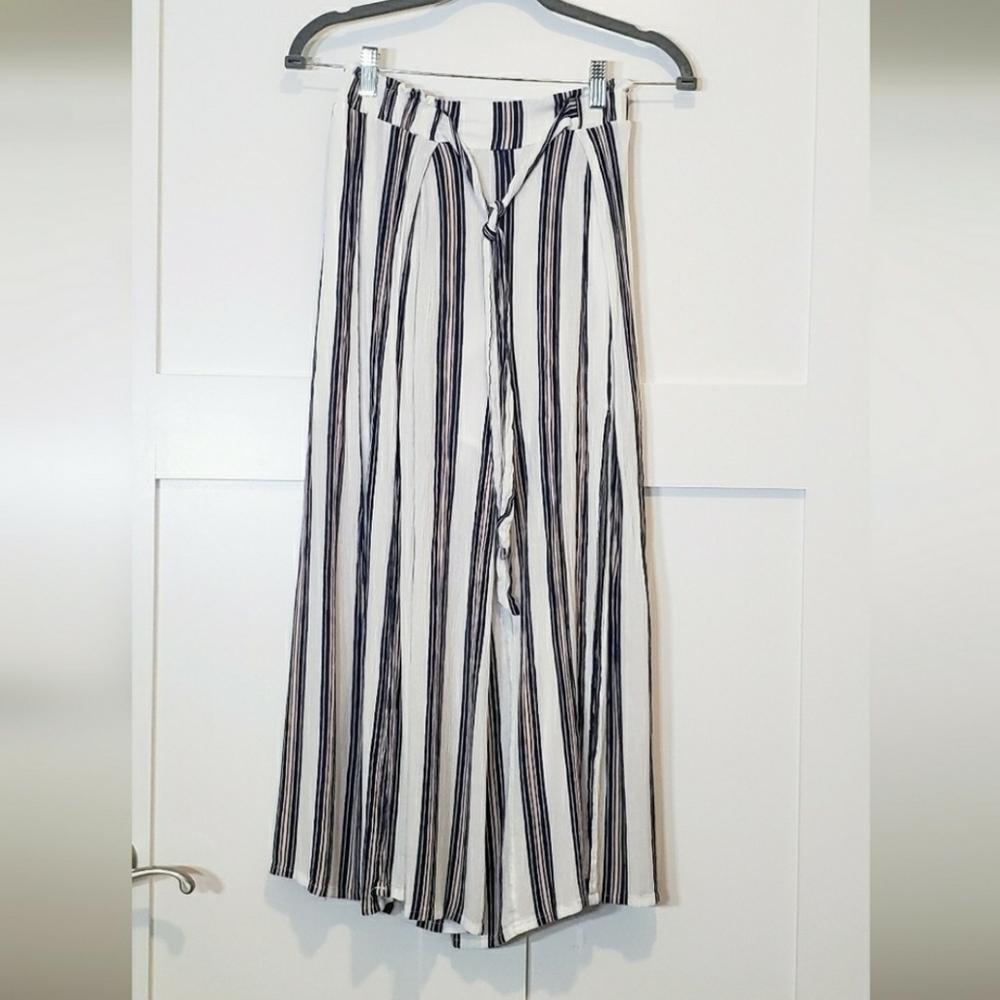 Simplee Viscose 100% Pants Wide Leg Striped Split Thigh High Tie Waist Sz Small - Picture 1 of 10
